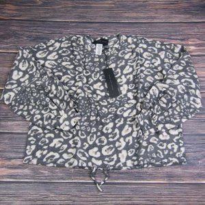 Know One Cares NEW NWT Large Gray White Puff Sleeve Tie Waist Sweater
